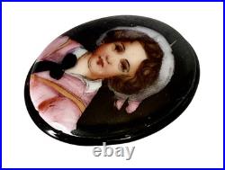Victorian Hand Painted Porcelain Adorable Portrait on Glass on Whitby Jet Back