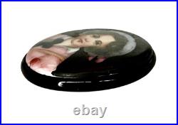 Victorian Hand Painted Porcelain Adorable Portrait on Glass on Whitby Jet Back