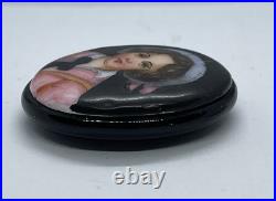 Victorian Hand Painted Porcelain Adorable Portrait on Glass on Whitby Jet Back