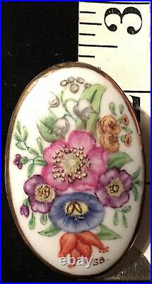 Victorian Hand Painted Porcelain Floral Brooch Enamel Cameo Rose Lily Iris Pin
