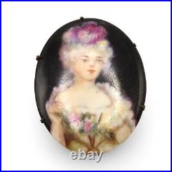 Victorian Hand-Painted Porcelain Portrait Brooch 18th-Century Rococo Style