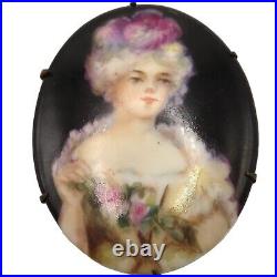 Victorian Hand-Painted Porcelain Portrait Brooch 18th-Century Rococo Style
