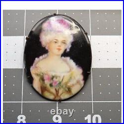 Victorian Hand-Painted Porcelain Portrait Brooch 18th-Century Rococo Style