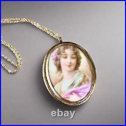 Victorian Hand Painted Porcelain Rolled Rose Gold Necklace Brooch