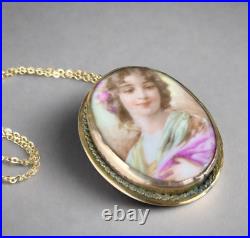 Victorian Hand Painted Porcelain Rolled Rose Gold Necklace Brooch