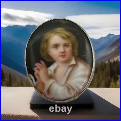 Victorian Hand Painted Porcelain Vagabond Boy Portrait Sterling Frame Brooch