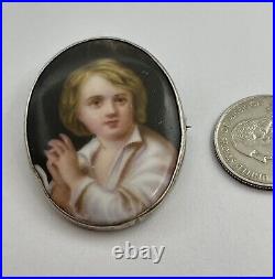 Victorian Hand Painted Porcelain Vagabond Boy Portrait Sterling Frame Brooch