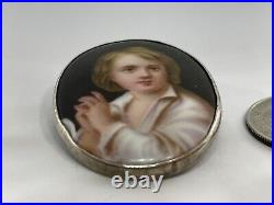 Victorian Hand Painted Porcelain Vagabond Boy Portrait Sterling Frame Brooch