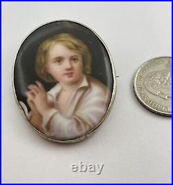 Victorian Hand Painted Porcelain Vagabond Boy Portrait Sterling Frame Brooch