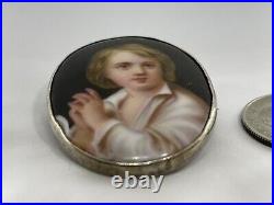 Victorian Hand Painted Porcelain Vagabond Boy Portrait Sterling Frame Brooch