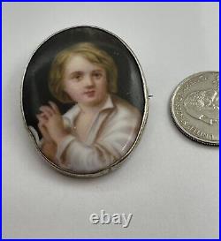 Victorian Hand Painted Porcelain Vagabond Boy Portrait Sterling Frame Brooch