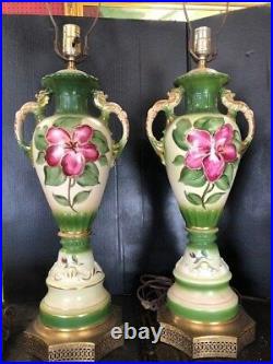 Victorian Hand Painted Porcelian Floral Pair of Lamps Table Lamps Set of 2