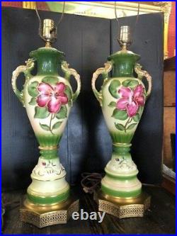 Victorian Hand Painted Porcelian Floral Pair of Lamps Table Lamps Set of 2