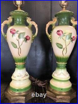Victorian Hand Painted Porcelian Floral Pair of Lamps Table Lamps Set of 2