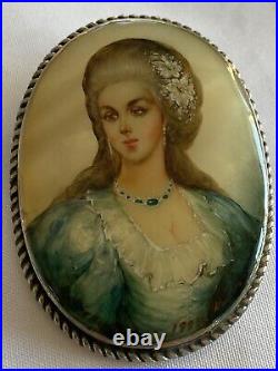 Victorian Hand Painted Portrait Brooch Pin Pendant Woman Signed C? Clasp 1904