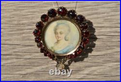 Victorian Hand Painted Portrait Brooch With Bohemian Garnets In Rose Gold