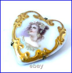 Victorian Hand Painted Portrait Cameo Brooch Porcelain Heart with Gold Gilt