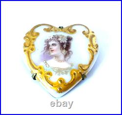 Victorian Hand Painted Portrait Cameo Brooch Porcelain Heart with Gold Gilt