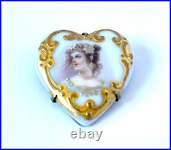 Victorian Hand Painted Portrait Cameo Brooch Porcelain Heart with Gold Gilt