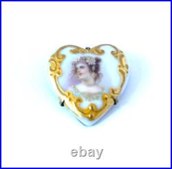 Victorian Hand Painted Portrait Cameo Brooch Porcelain Heart with Gold Gilt