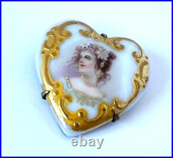 Victorian Hand Painted Portrait Cameo Brooch Porcelain Heart with Gold Gilt