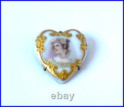Victorian Hand Painted Portrait Cameo Brooch Porcelain Heart with Gold Gilt