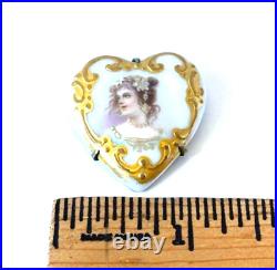 Victorian Hand Painted Portrait Cameo Brooch Porcelain Heart with Gold Gilt