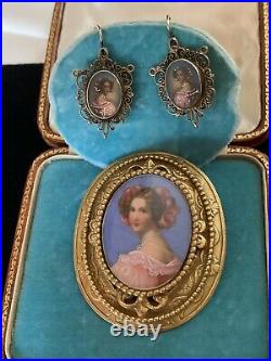 Victorian Hand Painted Portrait Earrings And Hand Painted Pendant/Brooch
