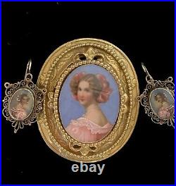 Victorian Hand Painted Portrait Earrings And Hand Painted Pendant/Brooch