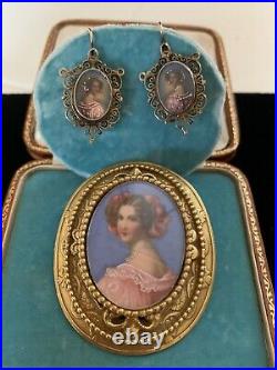 Victorian Hand Painted Portrait Earrings And Hand Painted Pendant/Brooch