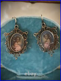 Victorian Hand Painted Portrait Earrings And Hand Painted Pendant/Brooch