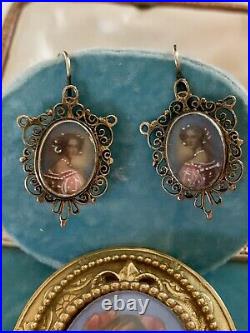 Victorian Hand Painted Portrait Earrings And Hand Painted Pendant/Brooch