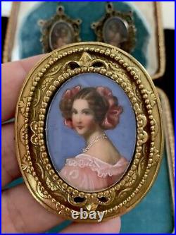 Victorian Hand Painted Portrait Earrings And Hand Painted Pendant/Brooch