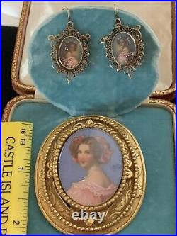 Victorian Hand Painted Portrait Earrings And Hand Painted Pendant/Brooch