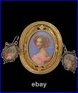 Victorian Hand Painted Portrait Earrings And Hand Painted Pendant/Brooch