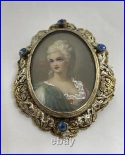 Victorian Hand Painted Portrait of Georgian Lady Brooch Fancy Frame Signed