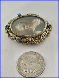 Victorian Hand Painted Portrait of Georgian Lady Brooch Fancy Frame Signed