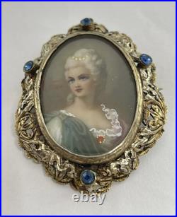 Victorian Hand Painted Portrait of Georgian Lady Brooch Fancy Frame Signed