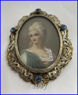Victorian Hand Painted Portrait of Georgian Lady Brooch Fancy Frame Signed