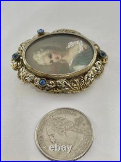Victorian Hand Painted Portrait of Georgian Lady Brooch Fancy Frame Signed