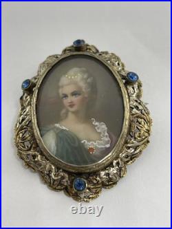 Victorian Hand Painted Portrait of Georgian Lady Brooch Fancy Frame Signed