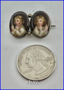 Victorian Hand Painted Portrait of Twin Boys on Porcelain Silver Frame Brooch
