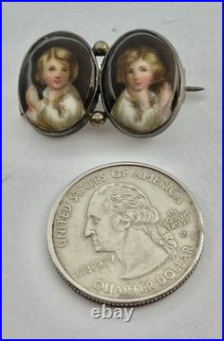 Victorian Hand Painted Portrait of Twin Boys on Porcelain Silver Frame Brooch