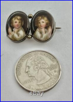 Victorian Hand Painted Portrait of Twin Boys on Porcelain Silver Frame Brooch