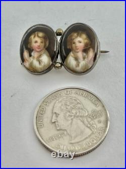 Victorian Hand Painted Portrait of Twin Boys on Porcelain Silver Frame Brooch