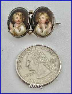 Victorian Hand Painted Portrait of Twin Boys on Porcelain Silver Frame Brooch