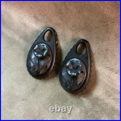 Victorian Hand carved jet black floral design drop earrings pair minor as is