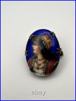 Victorian Handmade Sterling Silver Portrait Hand Painted Brooch