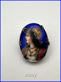 Victorian Handmade Sterling Silver Portrait Hand Painted Brooch