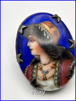 Victorian Handmade Sterling Silver Portrait Hand Painted Brooch